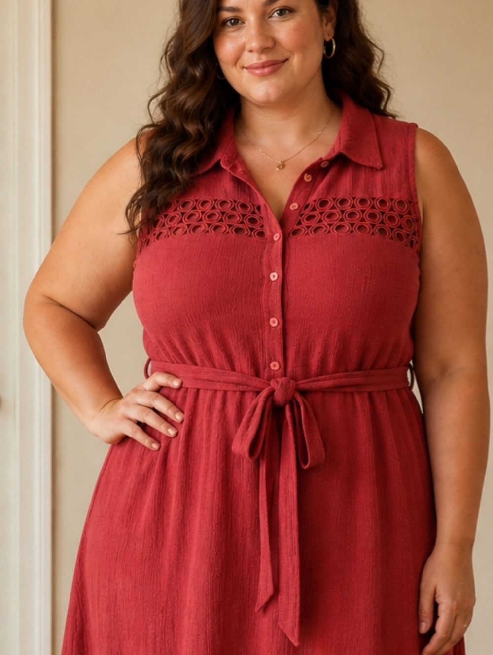 Luxology Sleeveless Button-Front Midi Dress in Deep Red